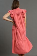 Umgee Split Neck A-Line Tiered Midi Dress in Coral Pink - Image 2