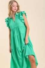 Umgee Tiered Midi Dress with Ruffled Sleeves in Jade Green